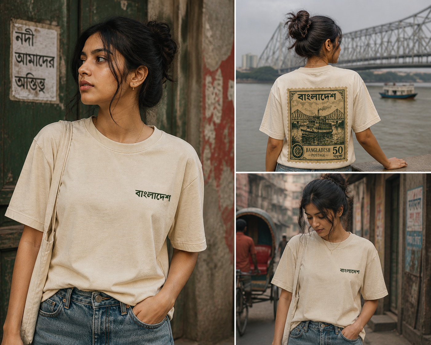 Woman wearing a beige t-shirt with Bangladeshi design, standing in front of a bridge.