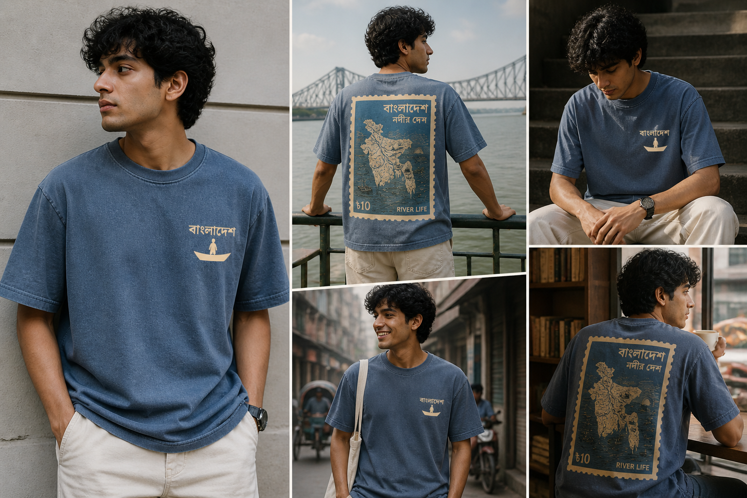 Collage of a man wearing a blue t-shirt with graphics and text, sitting by a waterfront.