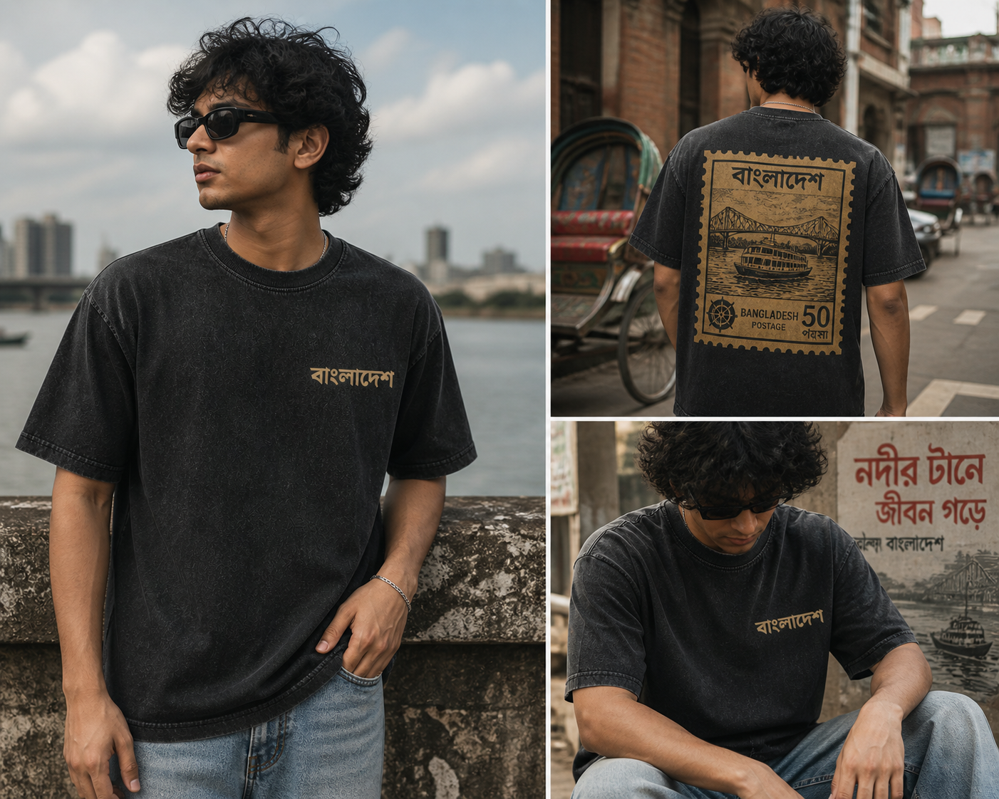 Man wearing a black t-shirt with Bengali text, standing by a waterfront with a cityscape in the background.